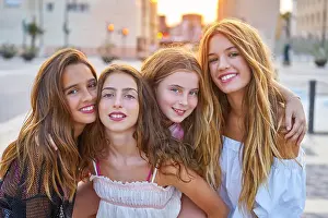 Female Friends Prints: Best friends teen girls at sunset in the city group