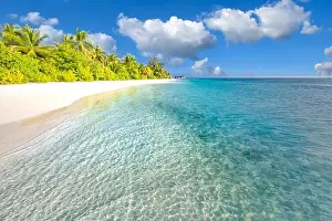 Best tropical beach landscape. Fantastic summer coast, vacation destination, palm trees, white sand, sunny sky. Freedom travel, amazing sea lagoon