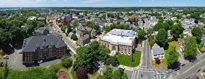 Beverly Prints: Beverly Public Library aerial view panorama at 32 Essex Street with Cabot Street at the background in historic city
