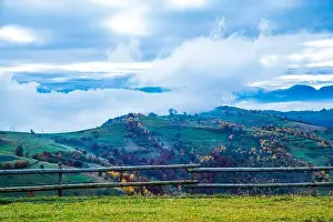 Bewitching Prints: Bewitching beautiful summer landscape of a green meadow on a hill overlooking a dense coniferous forest