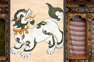 Bhutan Prints: Bhutan, Bumthang Valley, Gaytsa Village large painted snow lion house wall painting