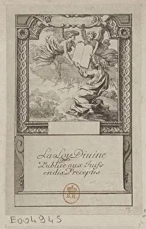 A biblical engraving presents Moses receiving the Tablets of the Law within a structured Old Testament narrative