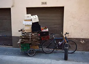 Ecofriendly Prints: Bicycle with a trailer carrying an awful lot of folded cardboard boxes and full boxes of produce