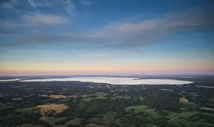 Day Spring Prints: Big clean lake aerial view with blue sky space background