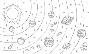 Childish Prints: Big coloring page with planets of Solar system and star. Black and white picture