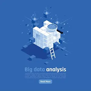 Analytic Prints: Big data analysis isometric composition with ladder magnifier symbols of storage search access systems background