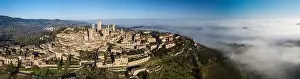 Big drone aerial landscape panorama of the wonderful village of San Gimignano a small walled medieval hill town in