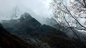 Big high mountains. Creative. Huge hills covered with snow and overgrown with green fir trees and pine trees around