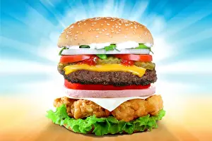 Mayonnaise Prints: Big massive delicious hamburger with light rays background