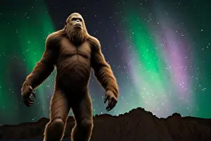 Spaceman Prints: Bigfoot (Sasquatch) Winter night with Northern Lights (Aurora Borealis)