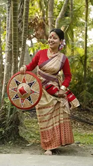 Assam Prints: Bihu Dance in Assam, Assamese girl bihu dress with japi in her hand