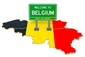 Migrant Prints: Billboard Welcome to Belgium on Belgian map, 3D rendering isolated on white background
