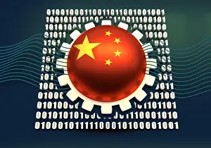 Hacker Prints: Binary code background with gear and flag of the China