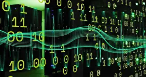 Reality Prints: Binary code and digital wave image over cityscape at night
