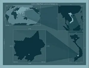 Binh Phuoc, province of Vietnam. Diagram showing the location of the region on larger-scale maps. Composition of vector frames and PNG shapes on a sol