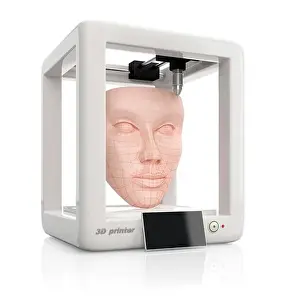 Creating Prints: Bioprinting, illustration. Process of creating human skin face using 3D printer