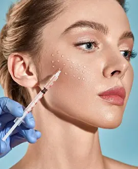 Collagen Prints: Biorevitalization. Beautiful woman getting beauty injections with hyaluronic acid for smoothing of face mimic wrinkles