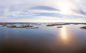 Dnepr Prints: Bird's-eye view of the beautiful Samarskie Plavni in the warm evening light in Ukraine