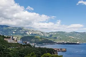 Blue City Prints: Bird's eye view of historical resort towns of Budva and Becici with luxury hotels