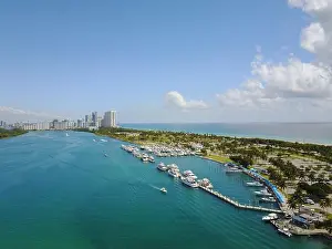 Miami Beach Prints: A bird's eye view of the Miami beach with a background of downtown