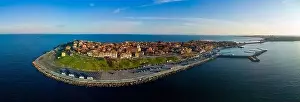 Nessebar Prints: Bird's eye view panorama of the small spring green town of Nessebar with historic ancient European houses