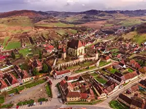 Fortified Castle Prints: Birds eye view photography of a fortified church located in Romania