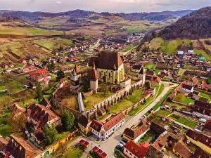 Fortified Castle Prints: Birds eye view photography of a fortified church located in Romania