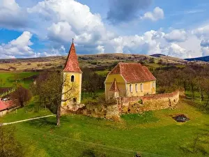 Fortified Castle Prints: Birds eye view photography of a fortified church ruin located in Sibiu