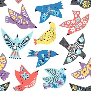 Cushion Prints: Birds seamless pattern. Ethnic folk abstract flying bird wallpaper
