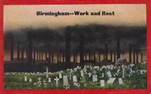 Birmingham - work and rest: postcard - line of factories with billowing industrial smoke / smog in the background