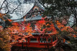 Honshu Prints: Bishamon-do Buddhist temple with autumn colors, Kyoto, Honshu, Japan, Asia