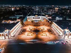 Bishkek, Kyrgyzstan - July 15, 2023: Aerial view of Bishkek city's Ala-Too central square at night