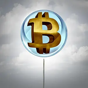 Inflated Prints: Bitcoin bubble symbol as a cryptocurrency or crypto currency in a balloon