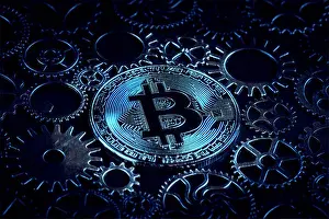 Cryptocurrency Prints: Bitcoin glowing in mysterious blue light with cog wheels digital Illustration