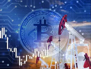 Panic Prints: Bitcoin and oil rigs hologram, cryptocurrency and oil course concept