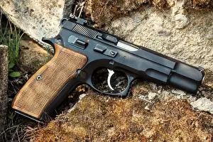 Defend Prints: black 9mm pistol on a background of stones and moss