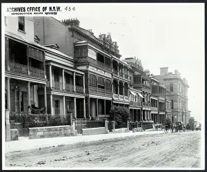 Architectural History Prints: This black-and-white image showcases terrace houses on Macquarie Street in Sydney