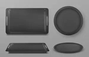 Platter Prints: Empty black food tray for lunch and pizza in restaurant or canteen