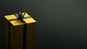 Black gift boxes with gold ribbon on black background. 3D rendering
