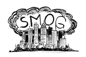 Black Ink Grunge Hand Drawing of City Covered by Smog and Air Pollution