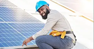 Black Man Prints: Black man, portrait and technician in solar panel installation on rooftop in city for renewable energy