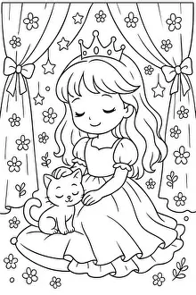 Coloring Page Prints: Black outline coloring page of princess with cat for children