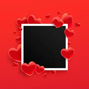 Snap Prints: Empty black photo frame with many 3d sweet love hearts shape on red background