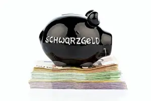 Economical Prints: Black piggy bank on banknotes, symbolic photo for black money