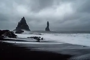 Black Sand Beach in Iceland. White waves crash onto the inky Icelandic shore