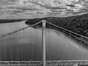 Architecture View Prints: Black and white aerial photo of the Franklin Delano Roosevelt Mid-Hudson Bridge over the Hudson River