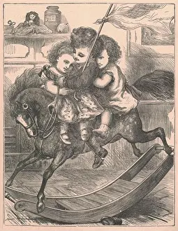 Old Fashioned Prints: Black and white antique illustration shows children swing on a rocking horse
