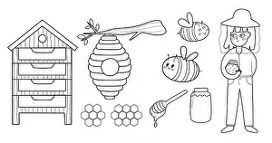 Keeper Prints: Black and white bee and honey elements set. Beekeeper girl holding a jar with honey