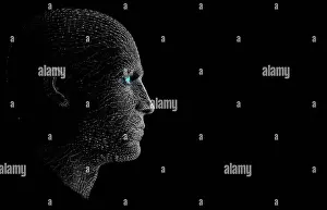 Disruption Prints: Black and white blue eye side view abstract human face