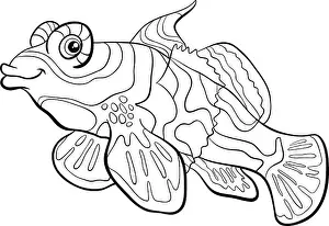 Black and White Cartoon Illustration of Mandarin Fish Sea Life Animal Character Coloring Page